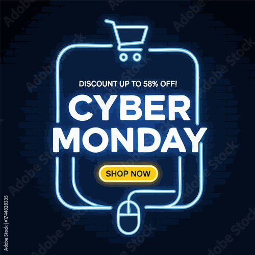 Cyber Monday Sale Neon Sign with Shopping Cart.