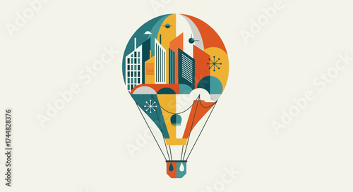Colorful hot air balloon carrying a modern city skyline illustration.