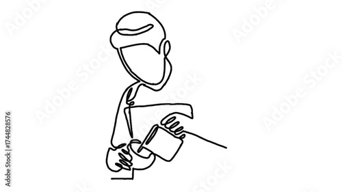 Continue line animation of barista pouring milk to coffee
