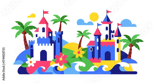 Colorful illustration of a tropical island with castles and palm trees.