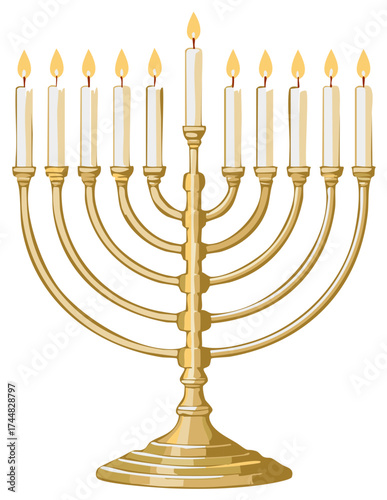Menorah with Lit Candles Illustration Hanukkah Celebration