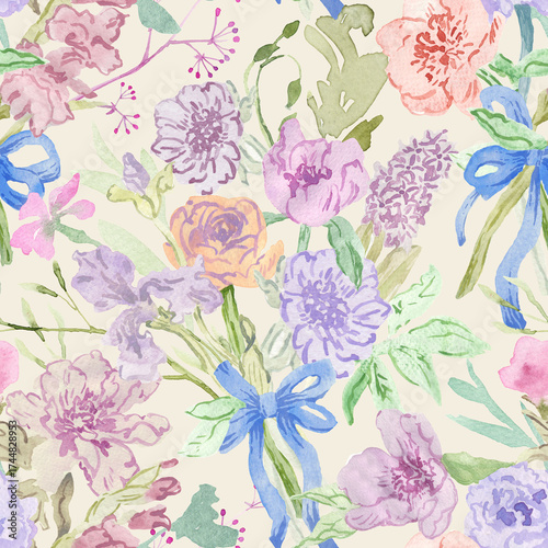 Foto A seamless floral pattern featuring bouquets of flowers, peonies, lucid flowers, and irises tied with ribbon, painted with watercolors in soft pastel tones