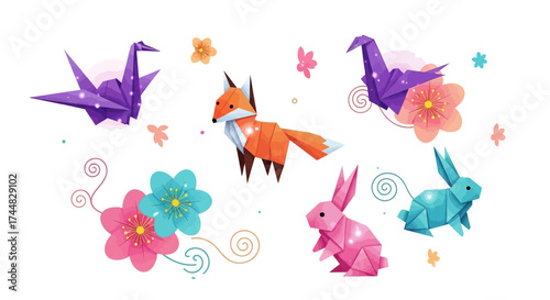 Colorful origami animals and flowers set.