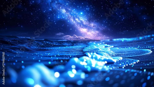 Stunning Bioluminescent Ocean Waves Under Milky Way Galaxy Slow Motion Cinematic - made with Generative AI
