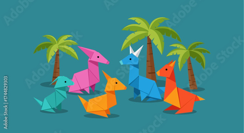 Colorful Origami Dinosaurs Gathered Near Palm Trees.