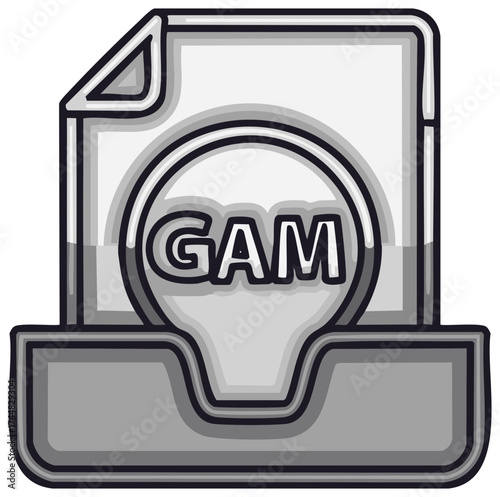 Cartoon-styled Illustration: GAM file format icon with letter in tray