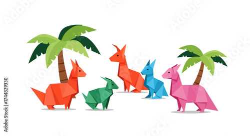 Colorful Origami Dinosaurs in a Tropical Setting.