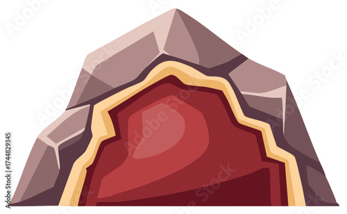 Stylized Red Rock Formation Illustrating Geological Layers and Sediment Deposition, Cartoonish Cliff Cave Entrance