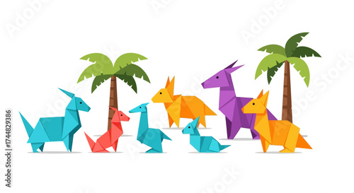 Colorful origami dinosaurs stand together in a creative display of art.