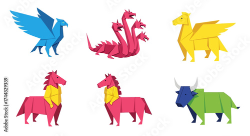 Colorful origami mythical creatures set on a white background.