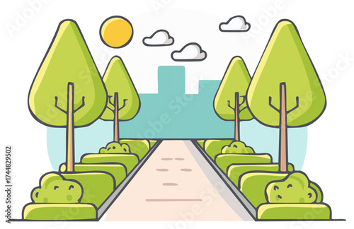 City Park Illustration Trees Sun Clouds Nature Walkway Buildings Outdoors, flat design illustration