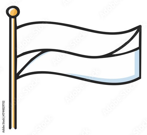 Blank flag waving on flagpole illustration with simple outline and soft blue accent