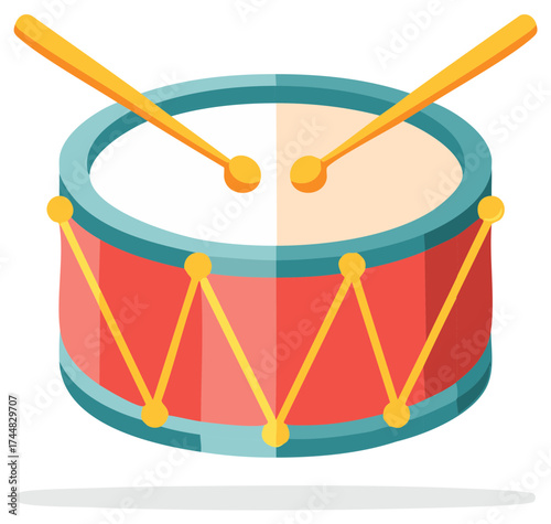 Cartoon drum with drumsticks, Musical instrument for rhythm and percussion, Vector illustration
