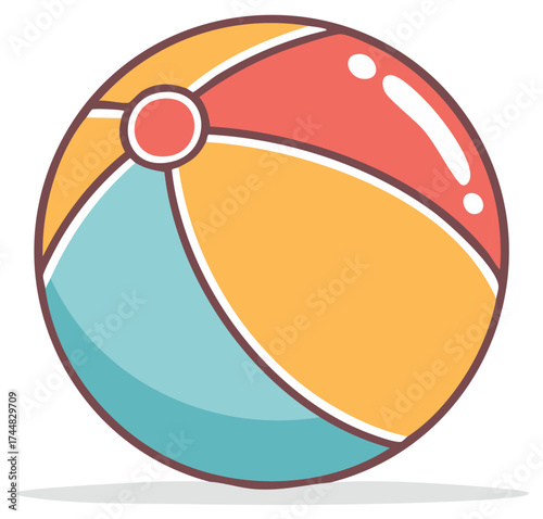 Colorful striped beach ball with red orange and blue sections isolated on white