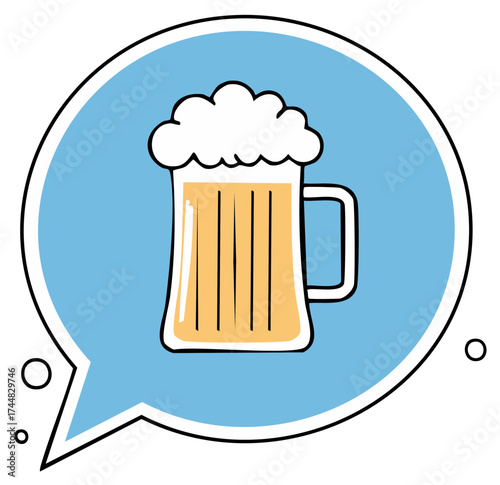Illustration of a foamy beer mug inside a speech bubble with subtle circles