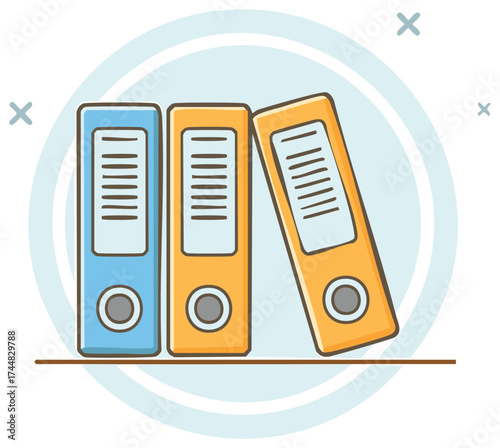 Three colorful archive binders standing on a shelf illustration