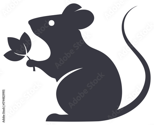 Stylized rodent silhouette holding a small plant with green leaves on a white background