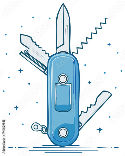 Blue multitool cartoon illustration showcasing assorted features useful for camping and outdoor activities