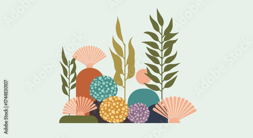 Colorful underwater plants and coral reef illustration, vibrant marine life scene.