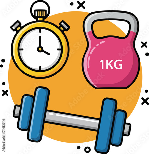 Fitness Equipment Stopwatch Kettlebell Dumbbell Icon.