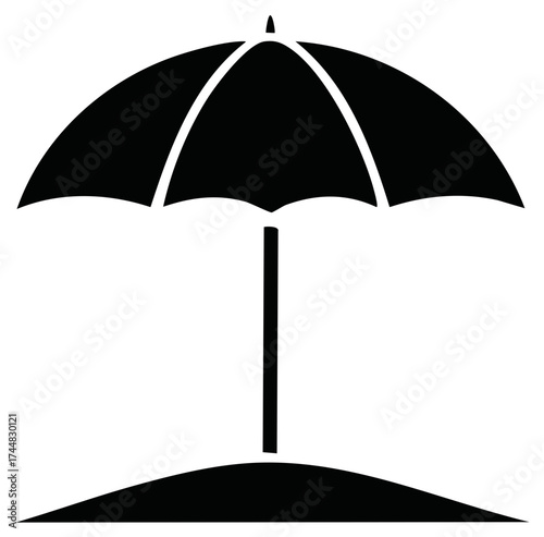 Simple black silhouette of a beach umbrella standing on a sand dune