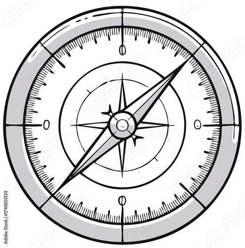 Hand drawn compass direction guide navigation tool with gray outline illustration
