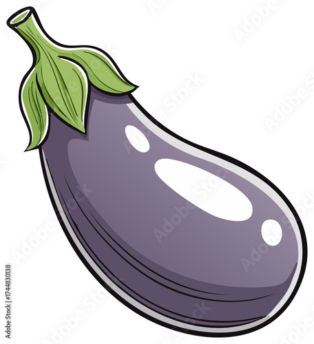 Cartoon illustration of a shiny purple eggplant vegetable with green stem