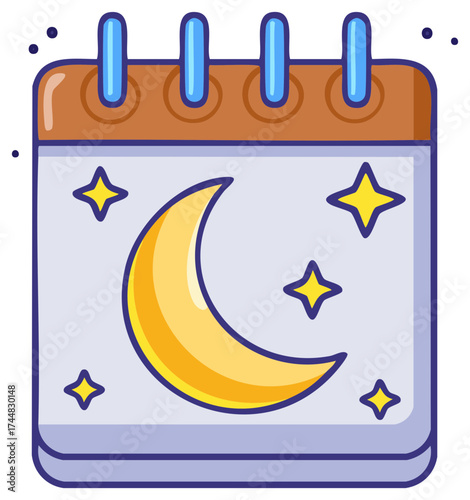Cartoon calendar with a crescent moon and stars for nighttime scheduling and planning