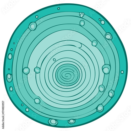 Concentric Teal Circles with Spiral and Bubbles, Abstract Design