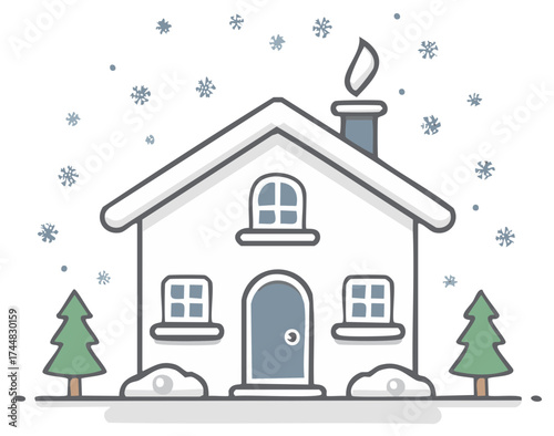 Stylized house in winter landscape with snow falling and trees