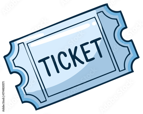 Isolated ticket graphic illustration in blue with bold text, ready for events and admissions.  Ideal for designs and promotional materials.