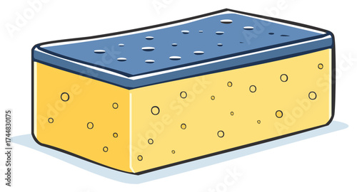 Cartoon illustration of a yellow sponge with blue top, cleaning or washing supplies