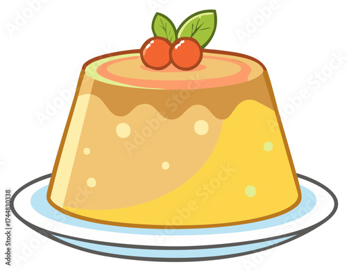 Cute cartoon caramel custard pudding with cherry topping illustration