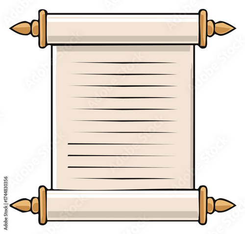 Ancient scroll with lines for text and ornate wooden ends displayed vertically