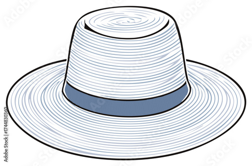 Classic straw boater hat with a blue ribbon band vector illustration