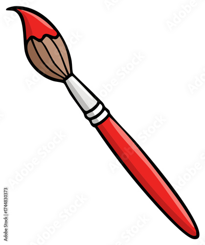Cartoon paintbrush with red paint isolated on white background