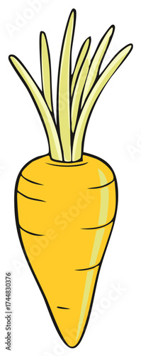 Cartoon yellow carrot with green leaves, fresh and organic root vegetable icon