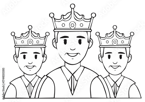 Three Line Art Kings Wearing Crowns Looking at the Camera Smiling, Black and White Line Drawing