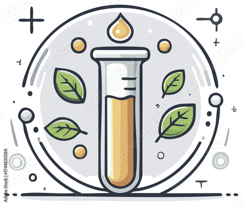 Natural medicine test tube with falling drop and leaves, herbal remedy analysis