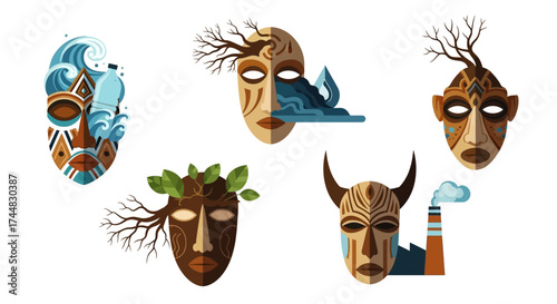 Creative Set of Tribal Masks Illustrating Environmental Pollution and Nature.