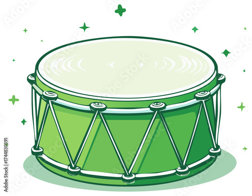 Green marching bass drum with sparkling stars illustration