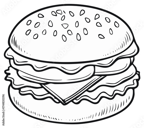 Classic cheeseburger line art illustration for coloring book page