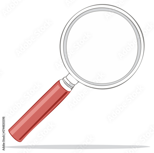 Magnifying Glass with Red Handle Reflecting Light, Isolated on White