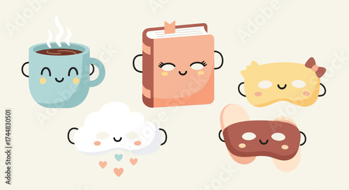 Cute Kawaii Objects Collection with Happy Faces.