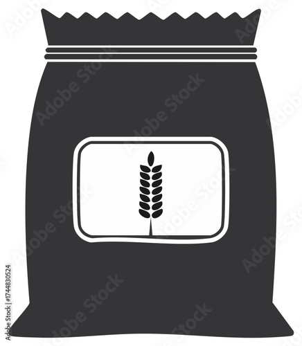Dark Gray Flour or Grain Sack Icon with Wheat Spike Symbol Representing Agriculture and Food