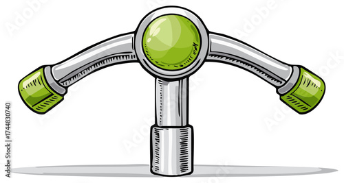 Hand Drawn T Shaped Metal Control Lever with Green Button and Handles