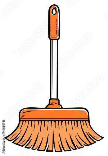 Orange Hand Drawn Broom With Bristles For Cleaning and Sweeping