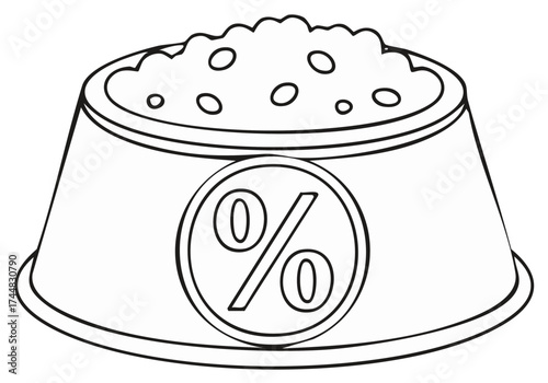 Line art illustration of a pet food bowl with kibble and a percentage discount symbol