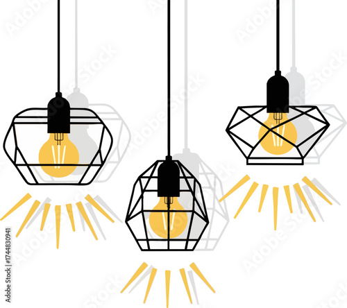 Three modern geometric pendant lights illuminating a white background.