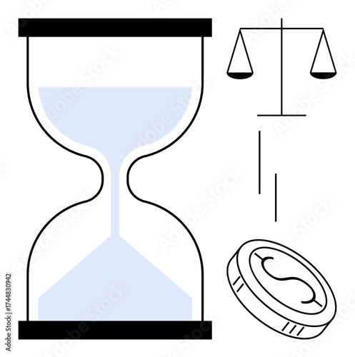 Hourglass with flowing sand, balance scale, and coin emphasizing time management, fairness, and financial value. Ideal for themes thumbs up decision-making, justice, economy, productivity balance